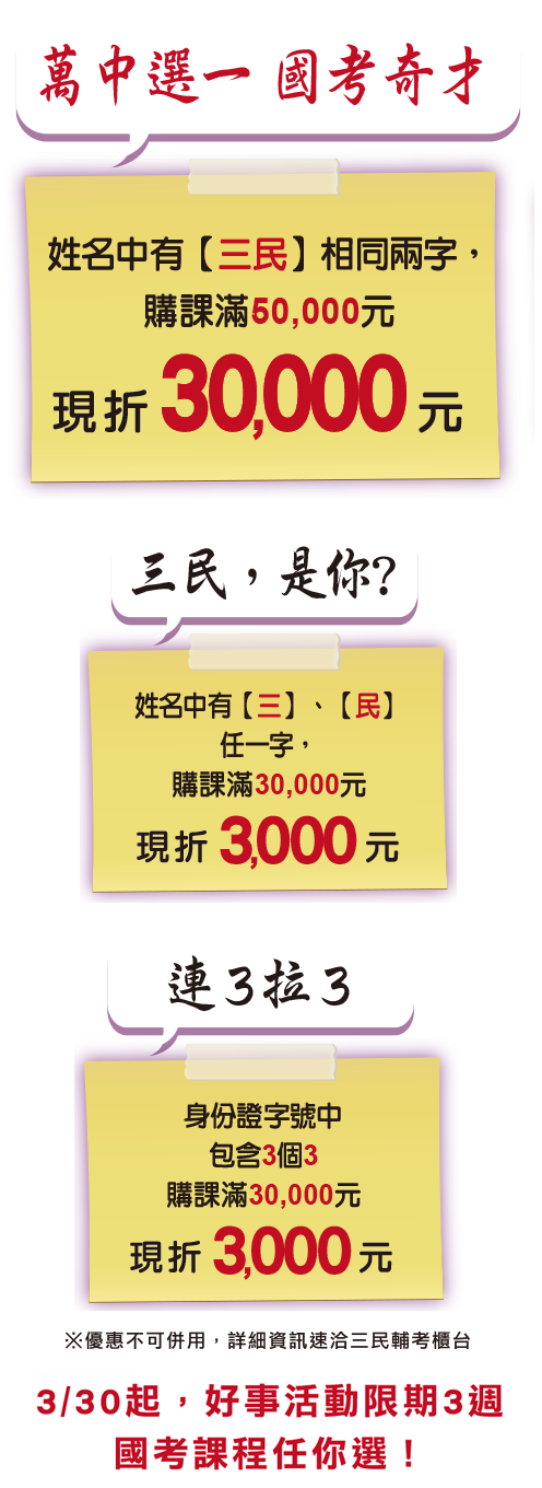 尋找「三民」，國考購課最高折3萬