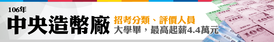 中央造幣廠106年招考分類、評價人員，大學畢，起薪最高4萬元