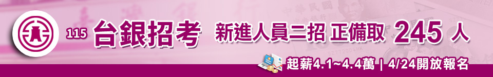 115臺灣銀行新進人員甄試簡章公告 起薪最高4.4萬